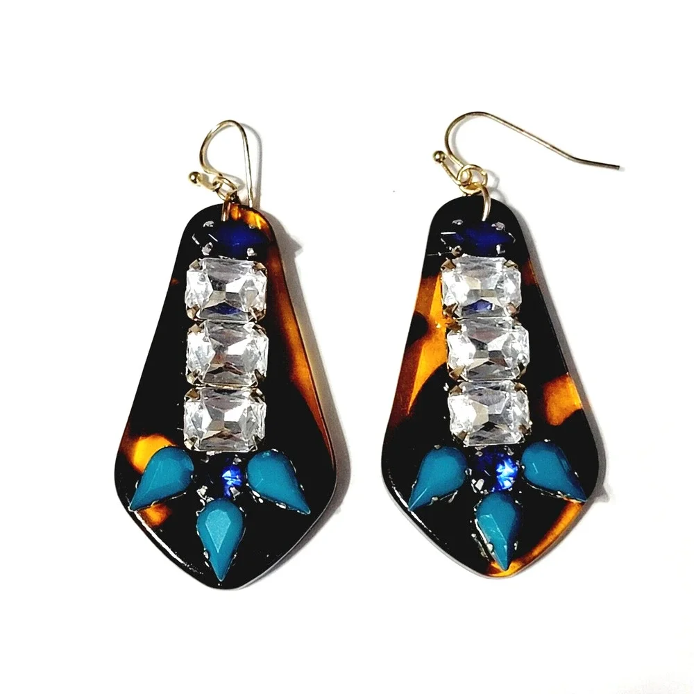 Contemporary Dangle Pierced Earrings‎ 2.5” Bejeweled Tortoise Lucite Diva KP-73